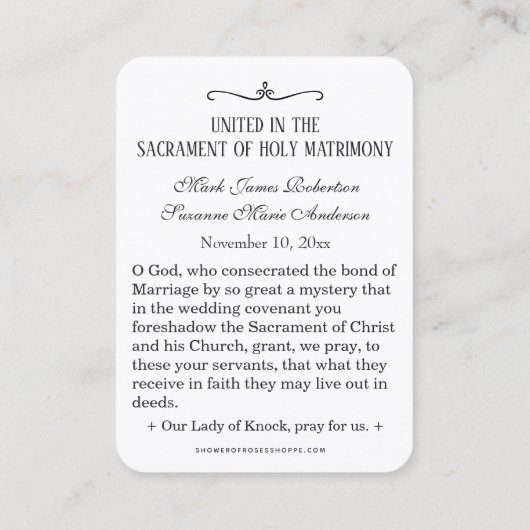 Katholische Hochzeitsstiftung Maria Religiöse Heil Visitenkarte (Rückseite)