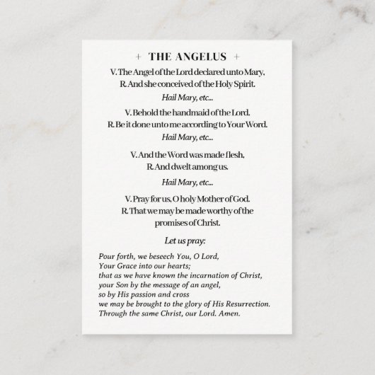 Katholische Jungfrau Mary Angelus Gebet Visitenkarte (Rückseite)