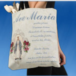 Katholische Jungfrau Mary Ave Maria auf Latein Tasche<br><div class="desc">Dies ist ein wunderschönes,  traditionelles katholisches Bild der gesegneten Jungfrau Mary,  Our Lady of Grace mit Vintagen Rose und der Hail Mary in Latin. Der Hintergrund ist ein weißes Spitzen-Design. Die Rückseite der Tasche hat ein größeres Bild der gesegneten Mutter.</div>