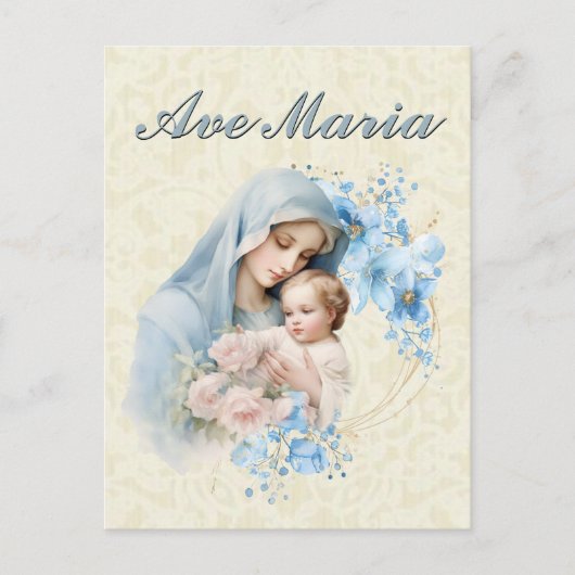 Katholische Jungfrau Mary Jesus Blue Floral Ave Ma Postkarte (Vorderseite)