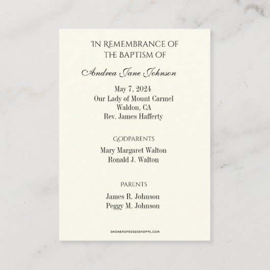 Katholische Kindertaufe Erinnerung an Heilige Kart Begleitkarte (Rückseite)