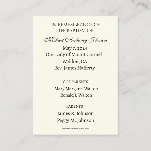 Katholische Kindertaufe Erinnerung an Heilige Kart Begleitkarte (Rückseite)