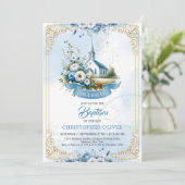 Katholische Kirche staubblaue Blumen Goldrahmen Einladung (Stehend Vorderseite)