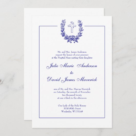 Katholische klassische Elegant Navy Blue Cross Dov Einladung (Vorne/Hinten)