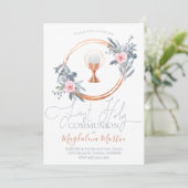 katholische Mädchen erste Kommunion Blumendekor Einladung (Stehend Vorderseite)