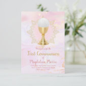 Katholische Mädchen erste Kommunion rosa Marmor Einladung (Stehend Vorderseite)