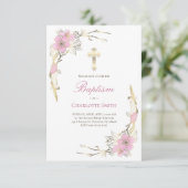 Katholische Mädchen Taufe fröhliche Blüte Einladung (Stehend Vorderseite)