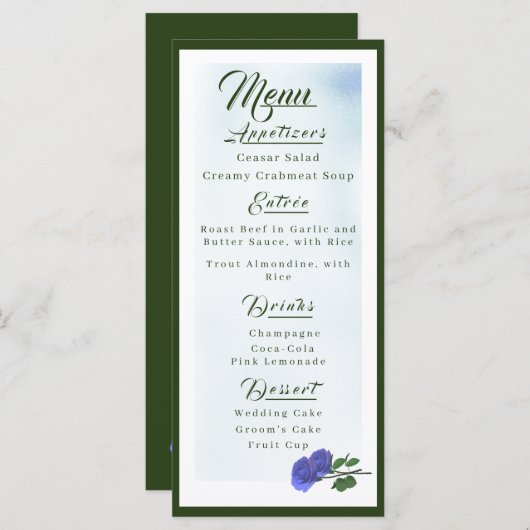 katholische "Misty Blue" und "Green Wedding Menu" Menükarte (Vorne/Hinten)