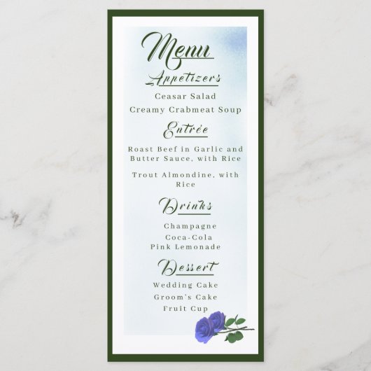 katholische "Misty Blue" und "Green Wedding Menu" Menükarte (Vorderseite)