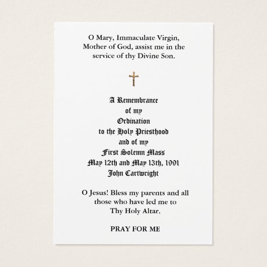 KATHOLISCHE PRIESTORDINIERUNG HOLY CARDS (Rückseite)