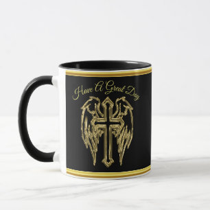 katholische schwarze und goldene Folienkreuz mit F Tasse