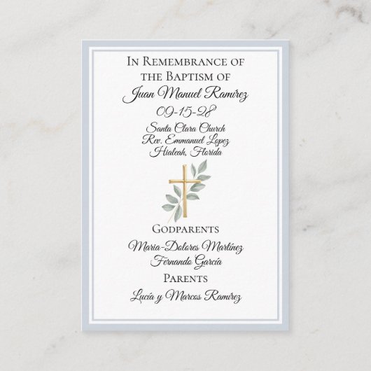 Katholische Taufe Baby Blue-Gedenkkarte Visitenkarte (Rückseite)
