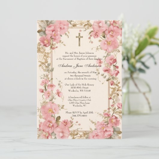 Katholische Taufe Christening floral gesegnete Mut Einladung (Stehend Vorderseite)