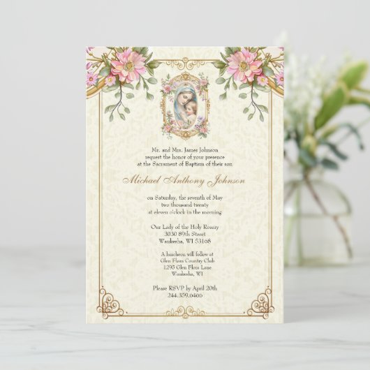 Katholische Taufe Christening gesegnete Mutter Jes Einladung (Stehend Vorderseite)
