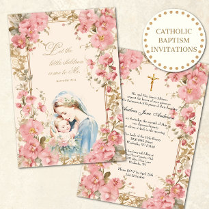 Katholische Taufe Christening Pink Floral Mary Einladung