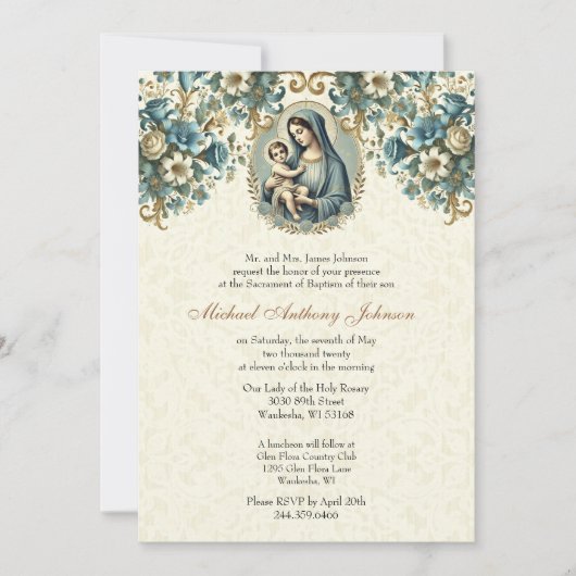 Katholische Taufe Mary und Jesus Bloral Einladung (Vorderseite)