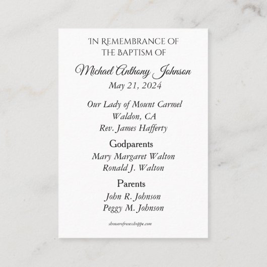 Katholische Taufkarte für Baby Visitenkarte (Rückseite)