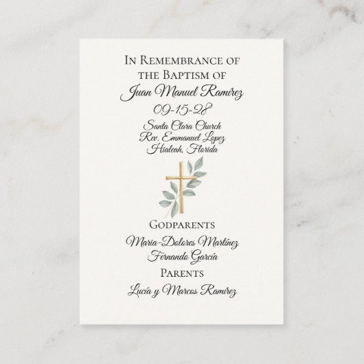 Katholische Taufkarte Visitenkarte (Rückseite)