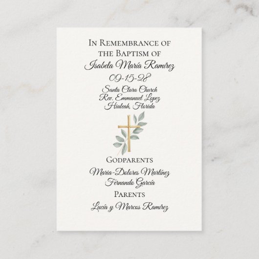 Katholische Taufkarte Visitenkarte (Rückseite)