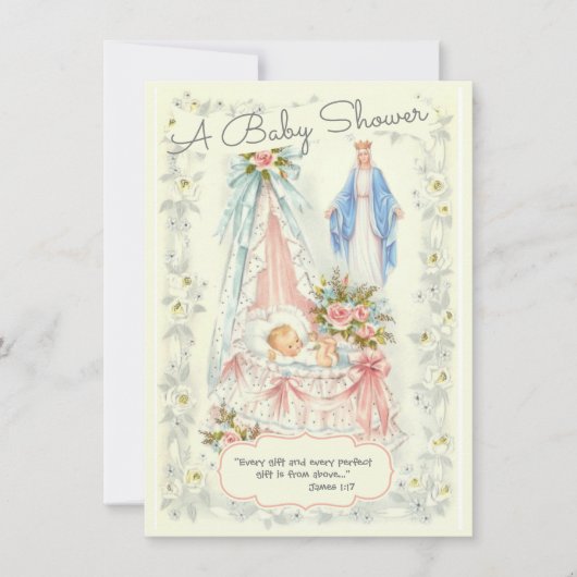 Katholische Vintage Kindermädchendusche Einladung (Vorderseite)