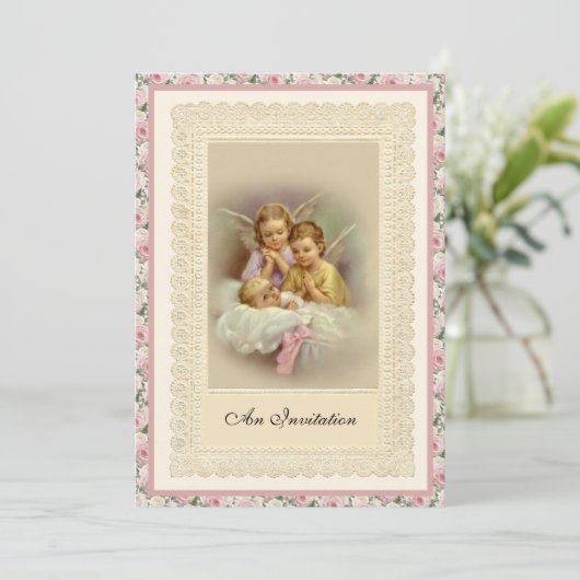 Katholische Vintage Taufe für Mädchen Einladung (Stehend Vorderseite)