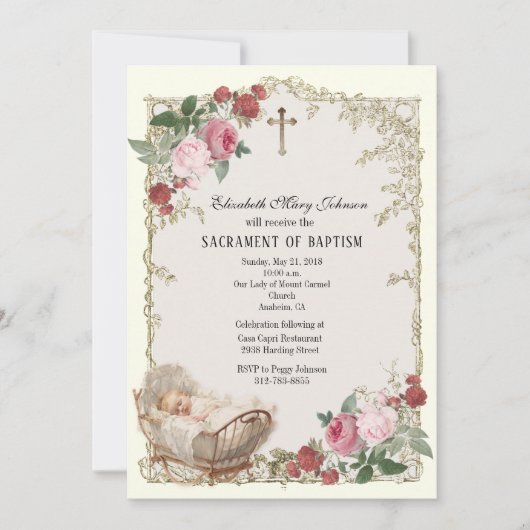 Katholische Vintage Taufe für Mädchen Einladung (Vorderseite)