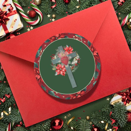 Katholische Weihnachten Heiliges Herz und Poinsett Runder Aufkleber