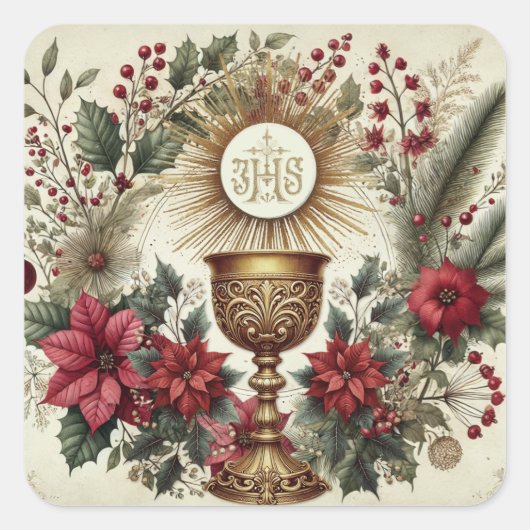 Katholische Weihnachtssticker Eucharist Poinsettia Quadratischer Aufkleber (Vorderseite)