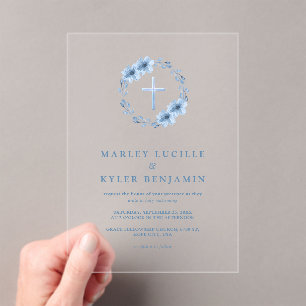 Katholischer Dusty Blue Floral Cross Wedding Minim Acryleinladungen