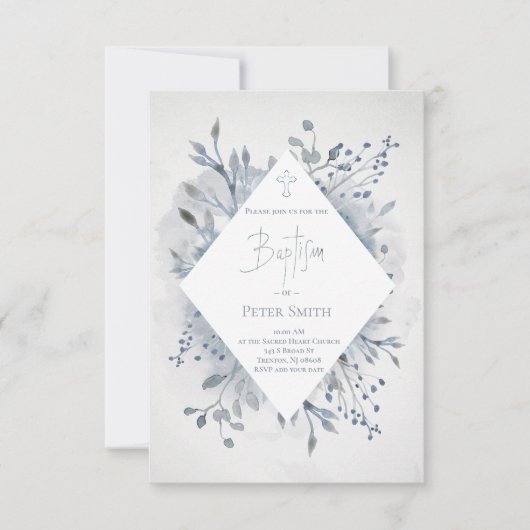 Katholischer Junge Taufe staubige blaue Aquarellfa Einladung (Vorderseite)