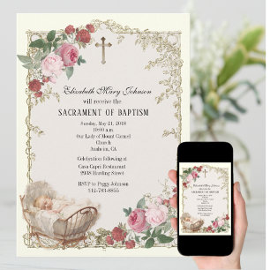 Katholisches Baby Mädchen Taufe Vintage Rosen Kreu Einladung