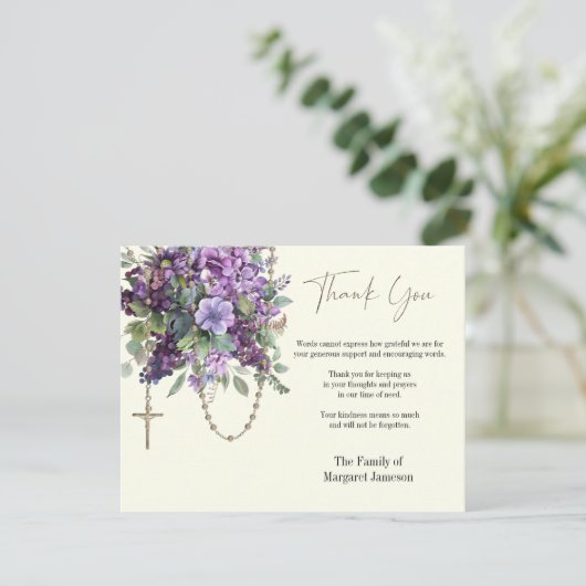 Katholisches Beileid zur Beerdigung von Rosenkranz Dankeskarte (Stehend Vorderseite)