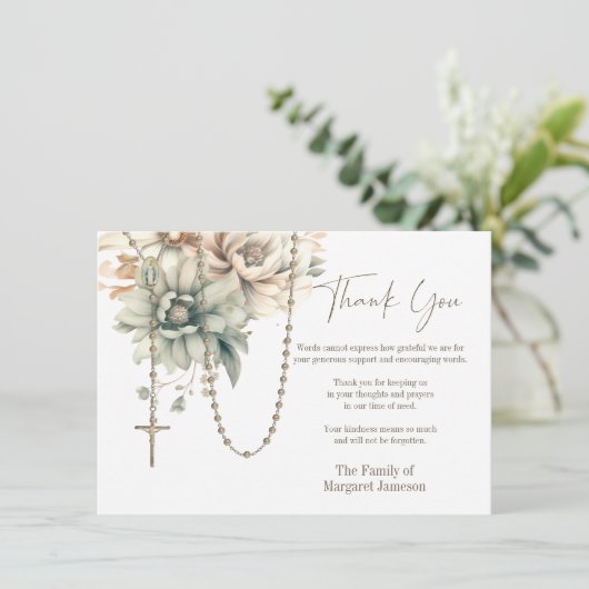 Katholisches Beileid zur Beerdigung von Rosenkranz Dankeskarte (Stehend Vorderseite)