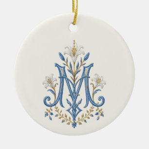 Katholisches Marianisches Monogramm Blaues Blumenm Keramik Ornament