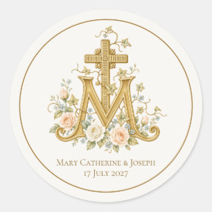 Katholisches Marienkreuz-Monogramm mit Rosen Runder Aufkleber