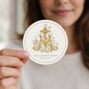 Katholisches Marienkreuz-Monogramm mit Rosen Runder Aufkleber