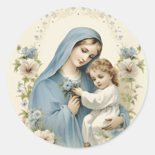 Katholisches Vintage-Madonna- und Kind-Blumenmuste Runder Aufkleber
