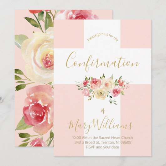 Katholisches Weißkreuz und Blume Bestätigung Einladung (Vorne/Hinten)