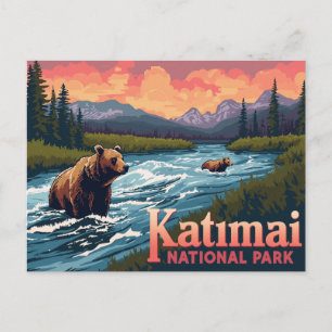 Katmai-Bären fischen am Fluss Vintage-Kunst Postkarte