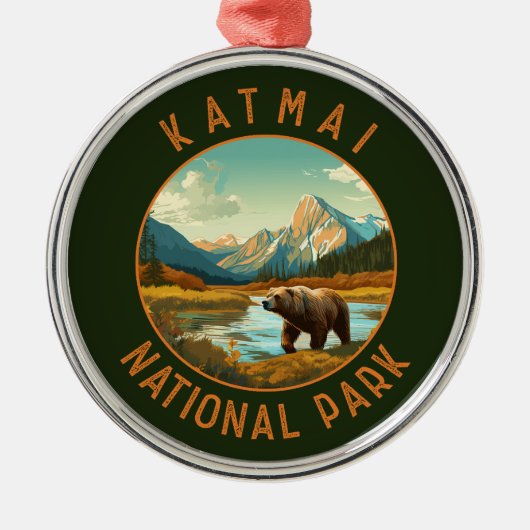 Katmai National Park Bear Retro Distressed Circle Ornament Aus Metall (Vorne)