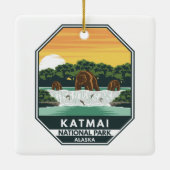 Katmai National Park Grizzly Bears Retro Emblem Keramikornament (Rückseite)