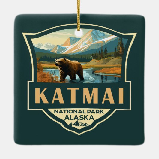 Katmai National Park Illustration Retro Abzeichen Keramikornament (Rückseite)