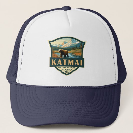 Katmai National Park Illustration Retro Abzeichen Truckerkappe (Vorderseite)