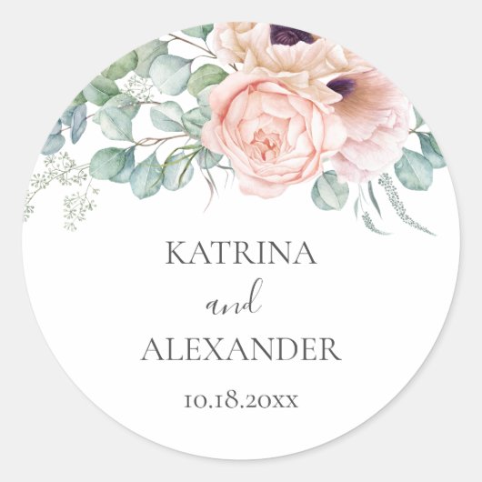 Katrina Floral Pink Boho Chic Wedding Runder Aufkleber (Vorderseite)
