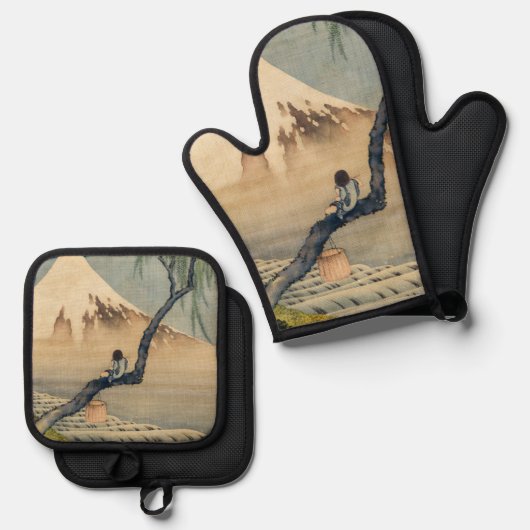Katsushika Hokusai - Boy Viewing Mount Fuji Ofenhandschuh & Topflappen-Set (Vorderseite/Rückseite)