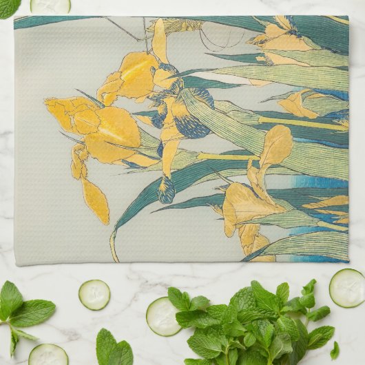 Katsushika Hokusai - Grasshopper und Iris Geschirrtuch (Gefaltet)