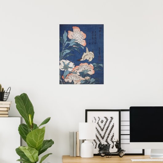 Katsushika Hokusai Peonies and Canary Poster (Heimbüro)