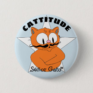KATTITUDE Señor Gato Cartoon Mustache Cat Button