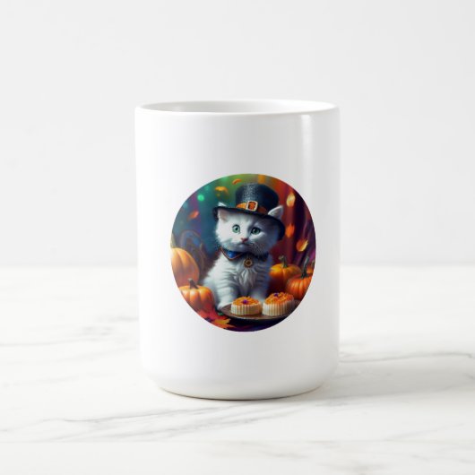 Kätzchen als Pilgrim isst Erntedank Kaffeetasse (Mittel)