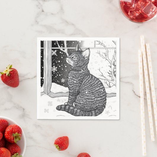 Kätzchen am Fenster Schneeflocken Sternenhimmel Serviette (Beispiel)